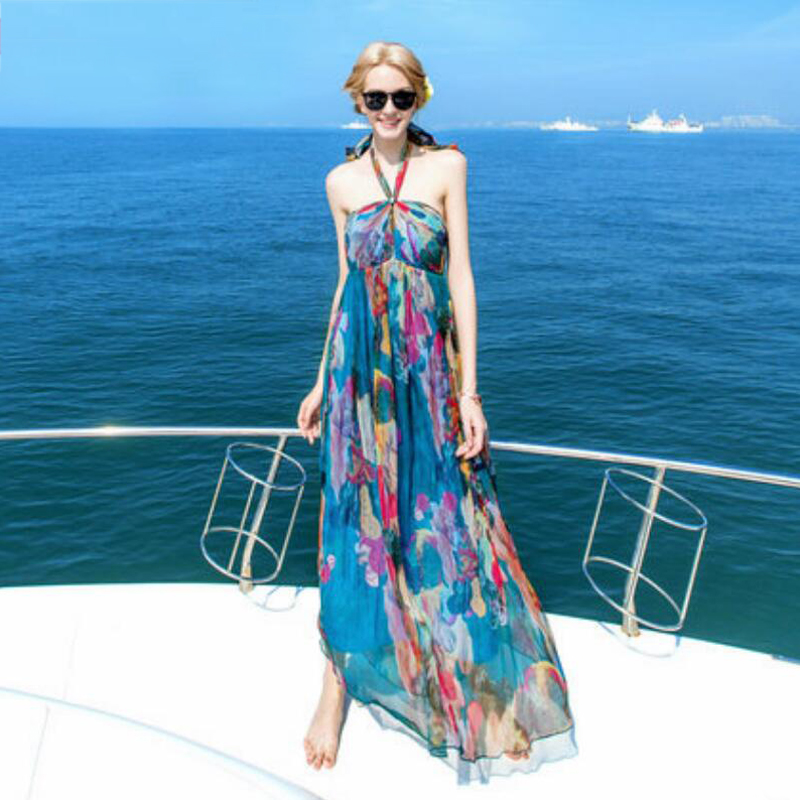 Women 100 Silk dress Beach dress 100% Natural Silk Blue Print dress Holiday summer dresses